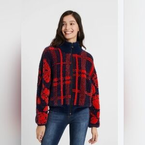 Desigual Navy and Red Sweater In Bomber coat Style